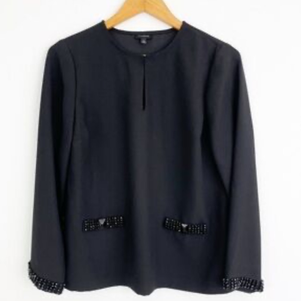 Talbots Black Long Sleeve Beaded Detail Top Blouse, Size 8